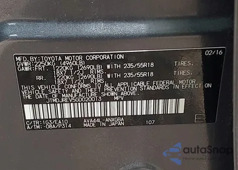 2016 Toyota Rav4 Hybrid Limited z USA, uszkodzony, nr VIN JTMDJREV5GD020013